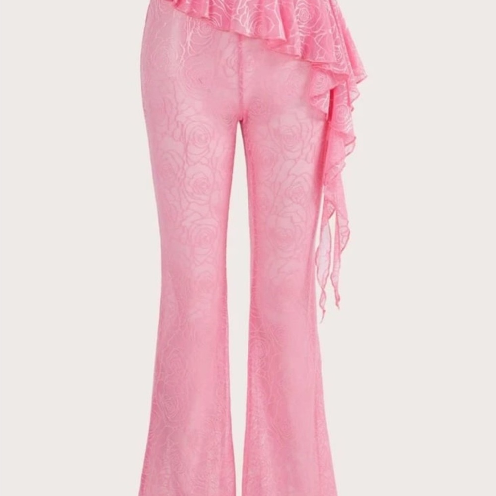 SHEIN ICON Allover Print Ruffle Trim Flare Leg Pants - S